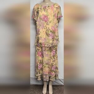 Studip 1 Yellow Skirt Set Floral Sheer Overlay Ruffled Tiered 18W